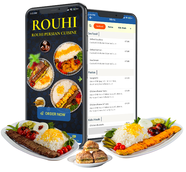 Rouhi restaurant Smethwick app mockup